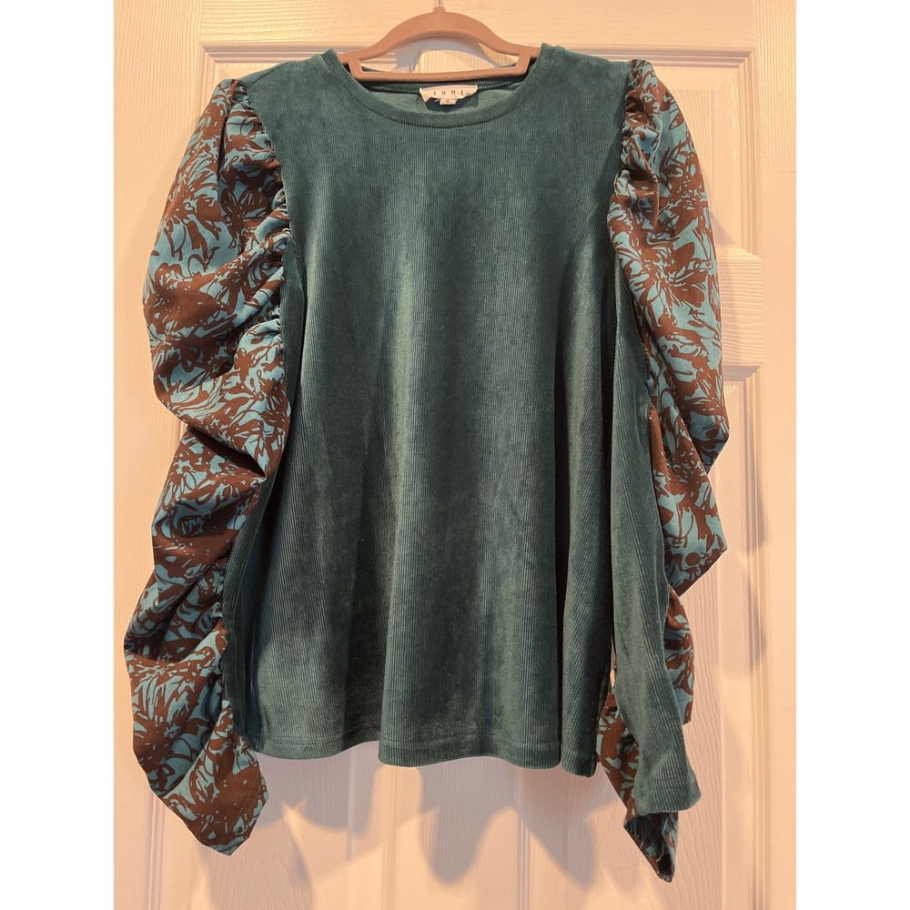 THML Teal Green Corduroy Top Mixed Media Floral Puff Sleeve Ruched M